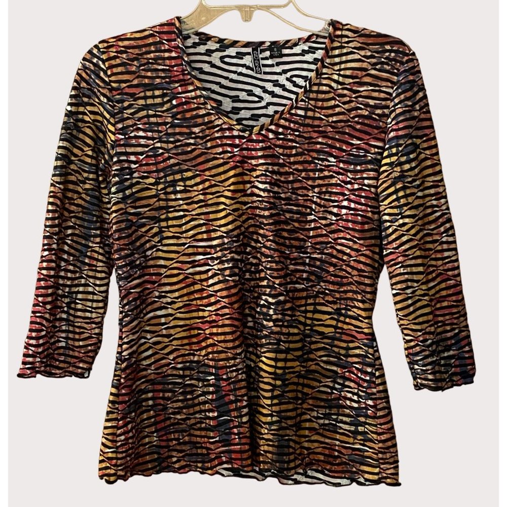 Sno Skins Women's Small 3/4 Raglan Sleeve V-Neck Blouse Black Orange Red Striped